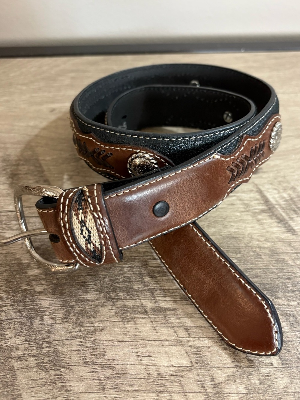Boy's NOCONA Brown & Black Leather SILVER CONCHO Woven WESTERN Rodeo BELT 26
